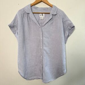 Amy Kuschel Linen Short Sleeve Button Down Shirt Light Blue XL Excellent